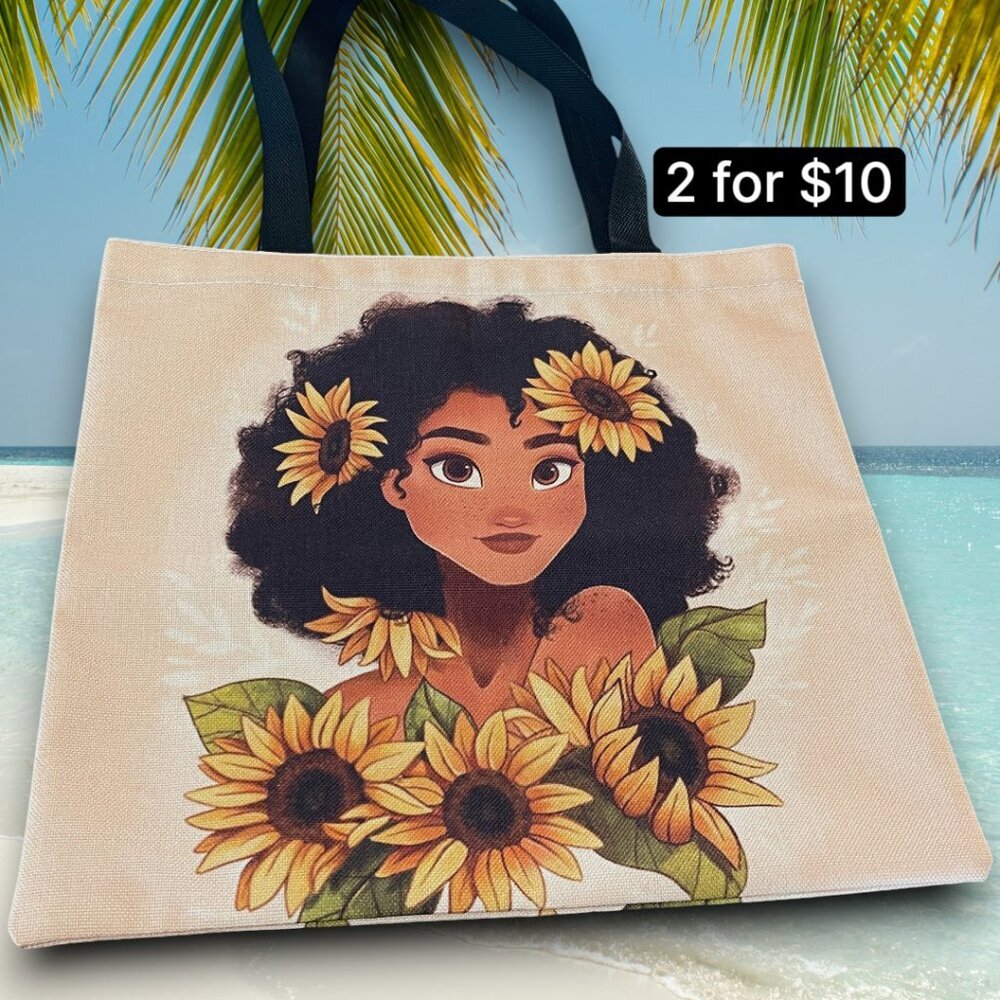 Sweet Hawaiian Girl with Sunflowers Ethnic Fabric Canvas Strap Tote Bag - Picture 2 of 4